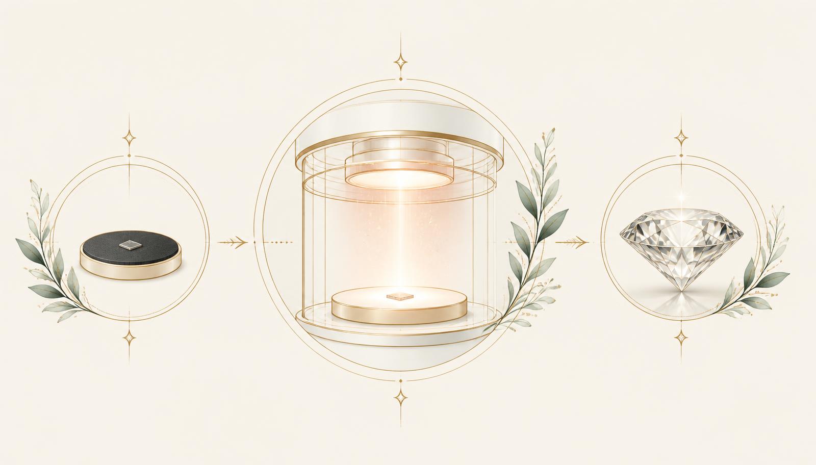 Diagram showing a diamond seed, a growth chamber, and the finished faceted diamond
