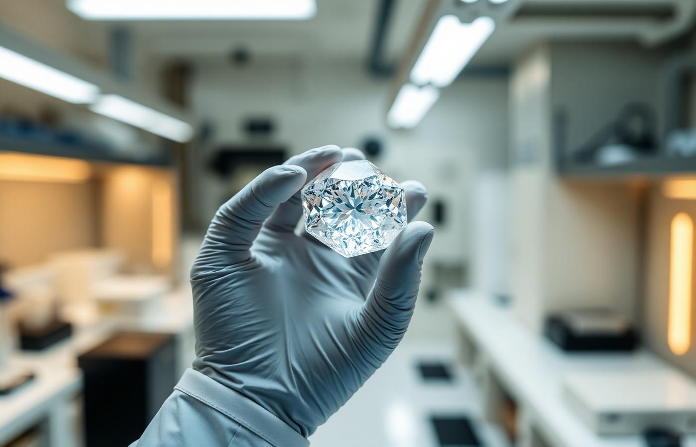 Gemologist holding a laboratory-grown diamond crystal in a laboratory