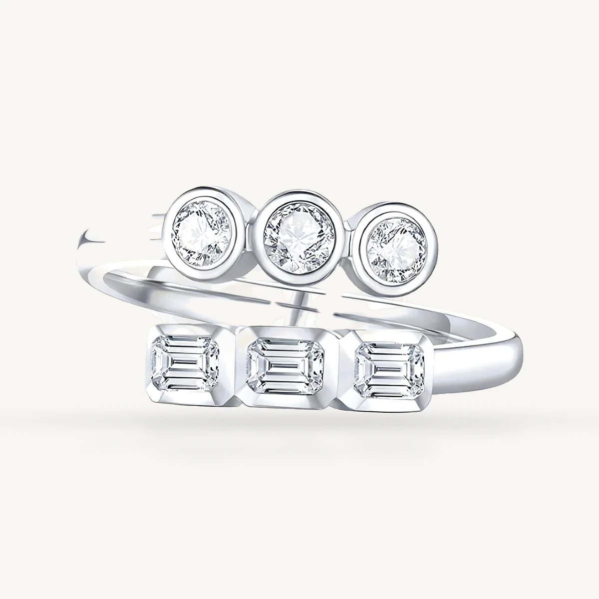 Bezel Round & Emerald Bypass Ring in 14k White Gold