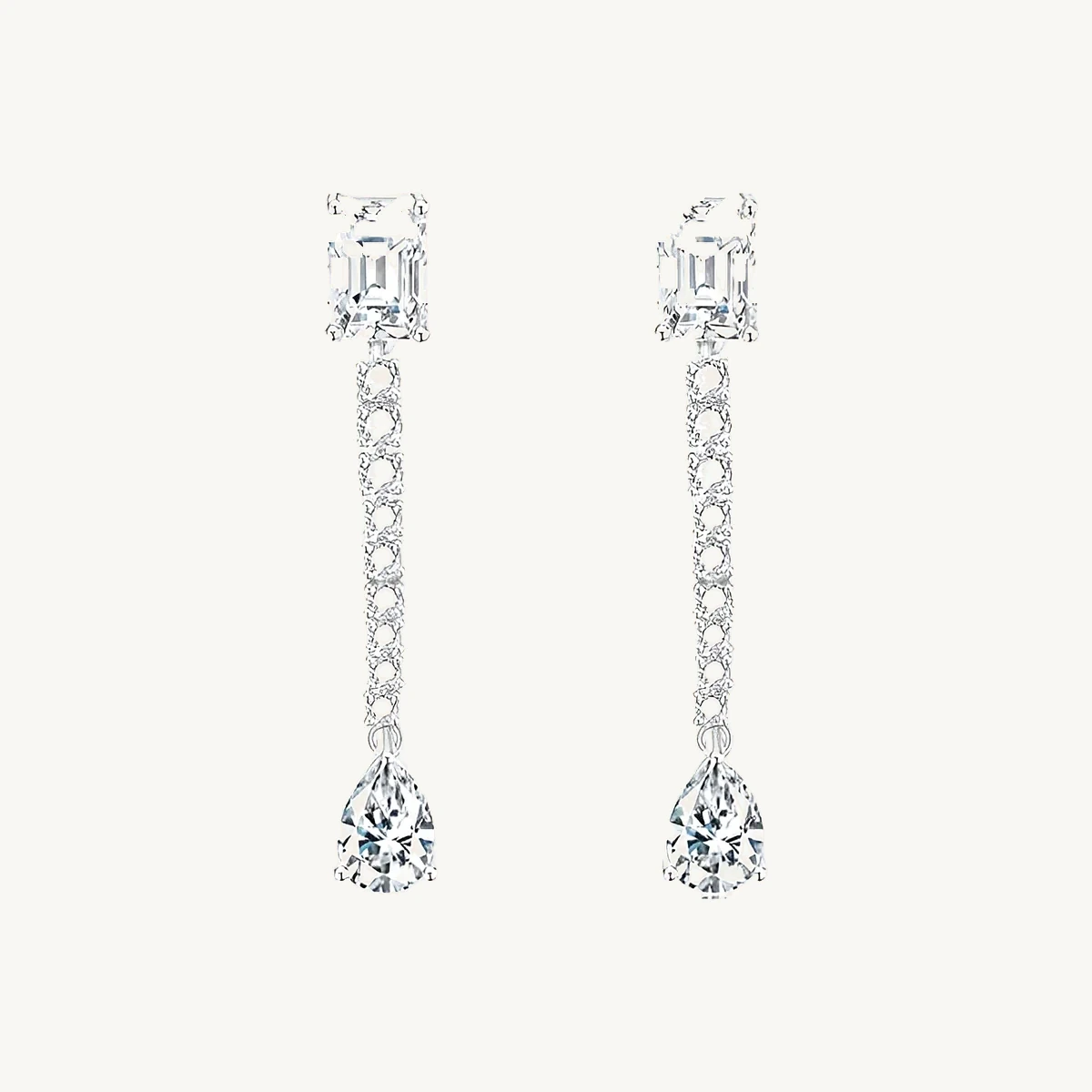 Emerald & Pear Line Drop Earrings in 14k White Gold