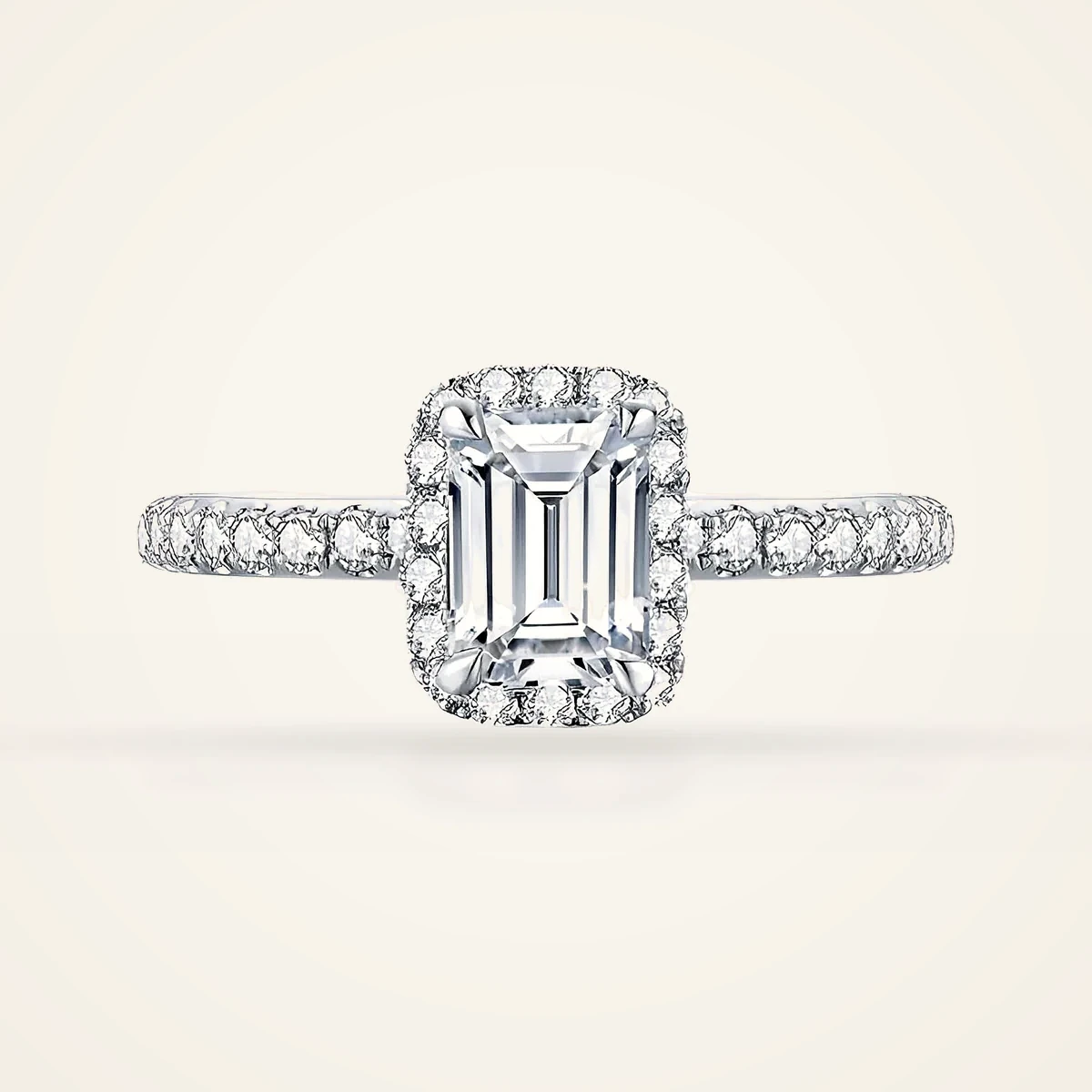 Emerald-Cut Halo Pavé Ring in 14k White Gold