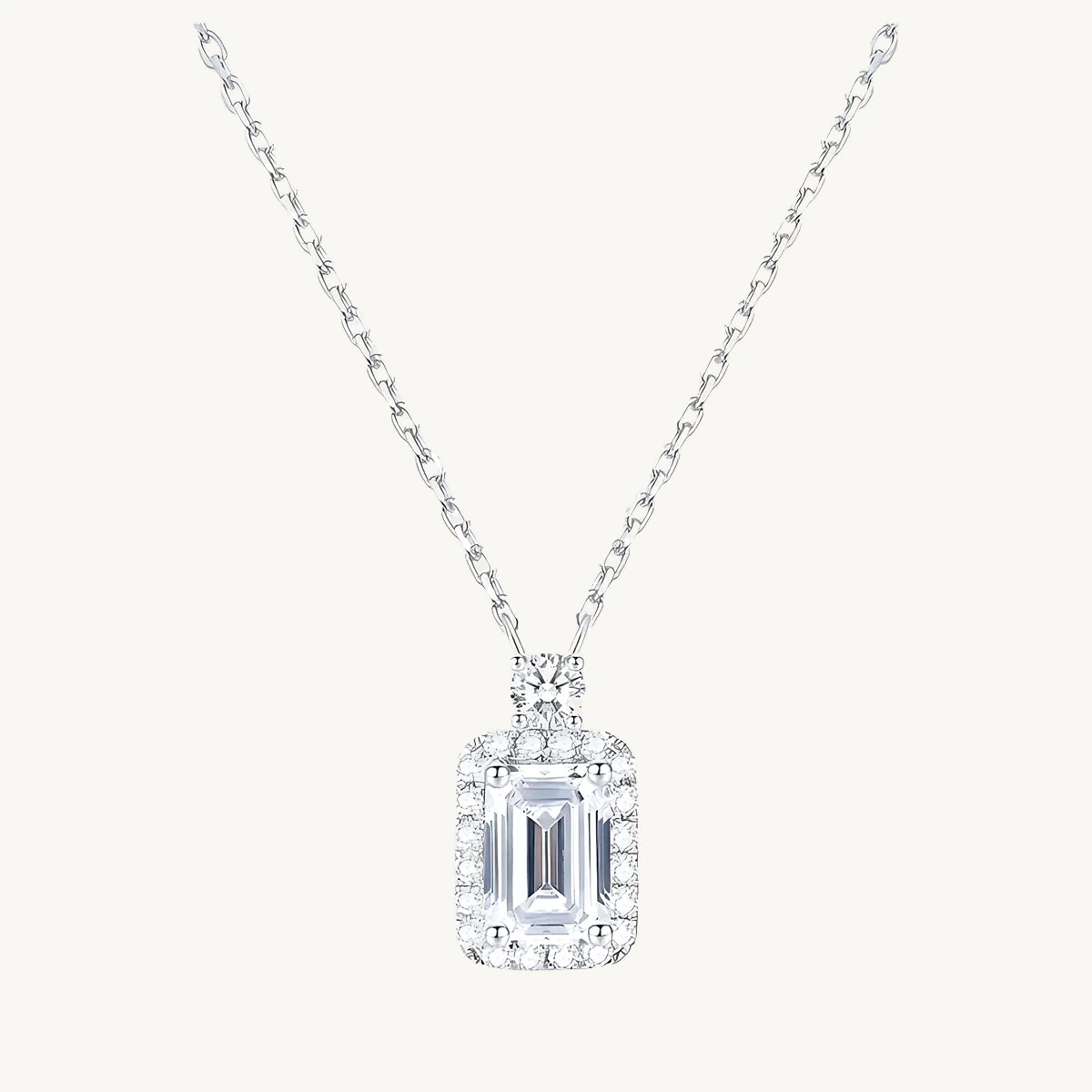 Emerald-Cut Halo Pendant in 14k White Gold