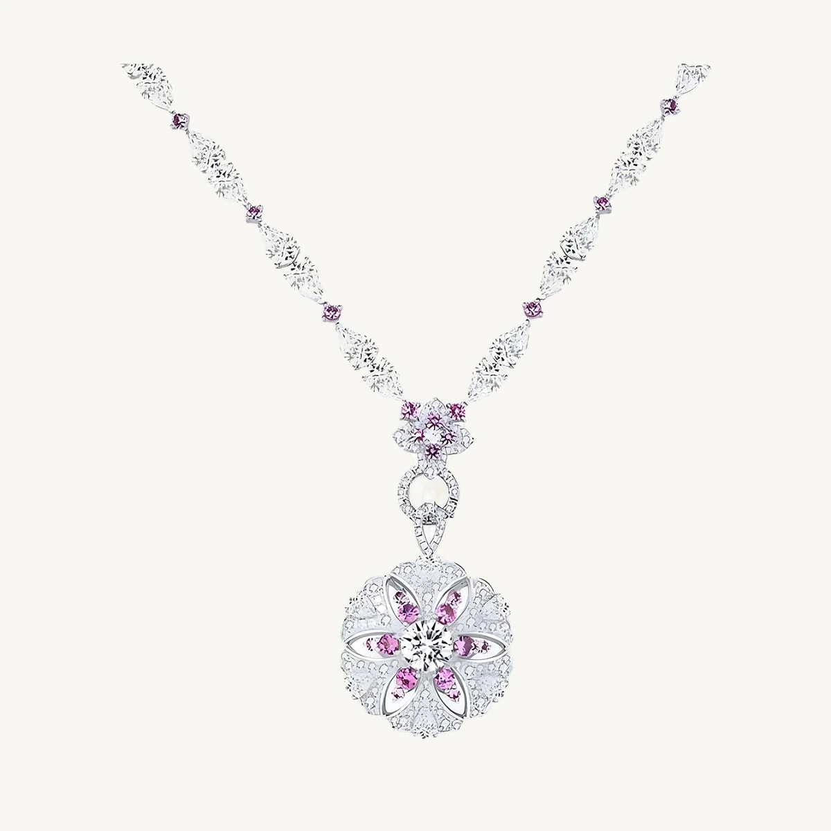Floral Statement Necklace with Pink Accents in 14k White Gold