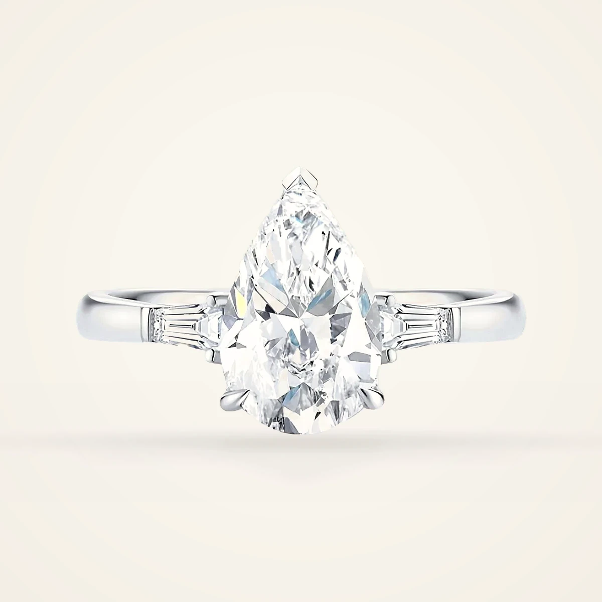 Pear Ring with Tapered Baguettes in 14k White Gold