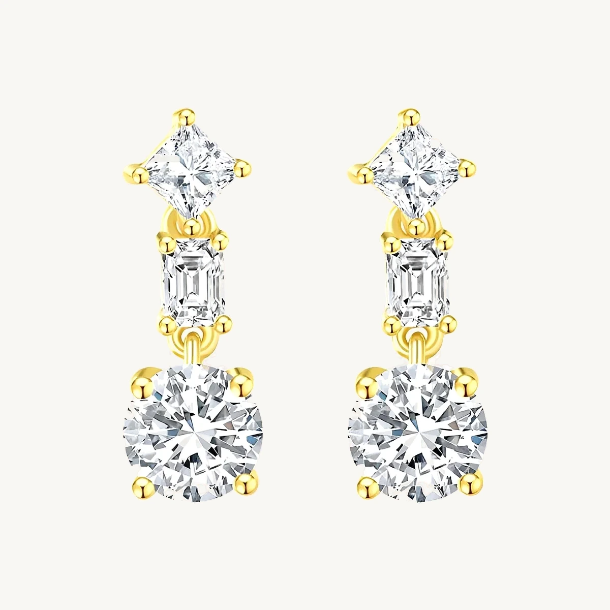 Princess, Emerald & Round Drop Earrings in 14k Yellow Gold