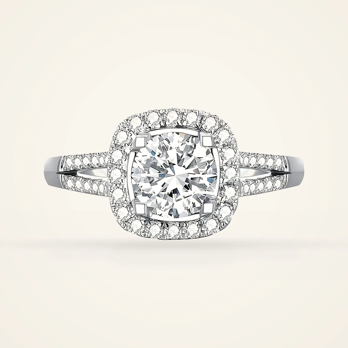 Round Cushion-Halo Split Shank Ring in 14k White Gold