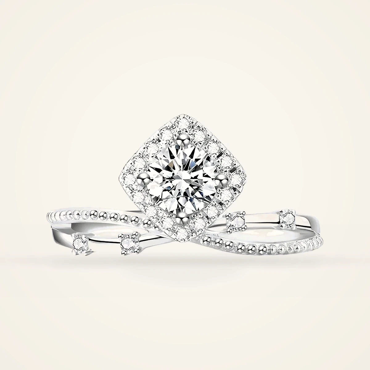 Round Kite-Halo Open Band Ring in 14k White Gold