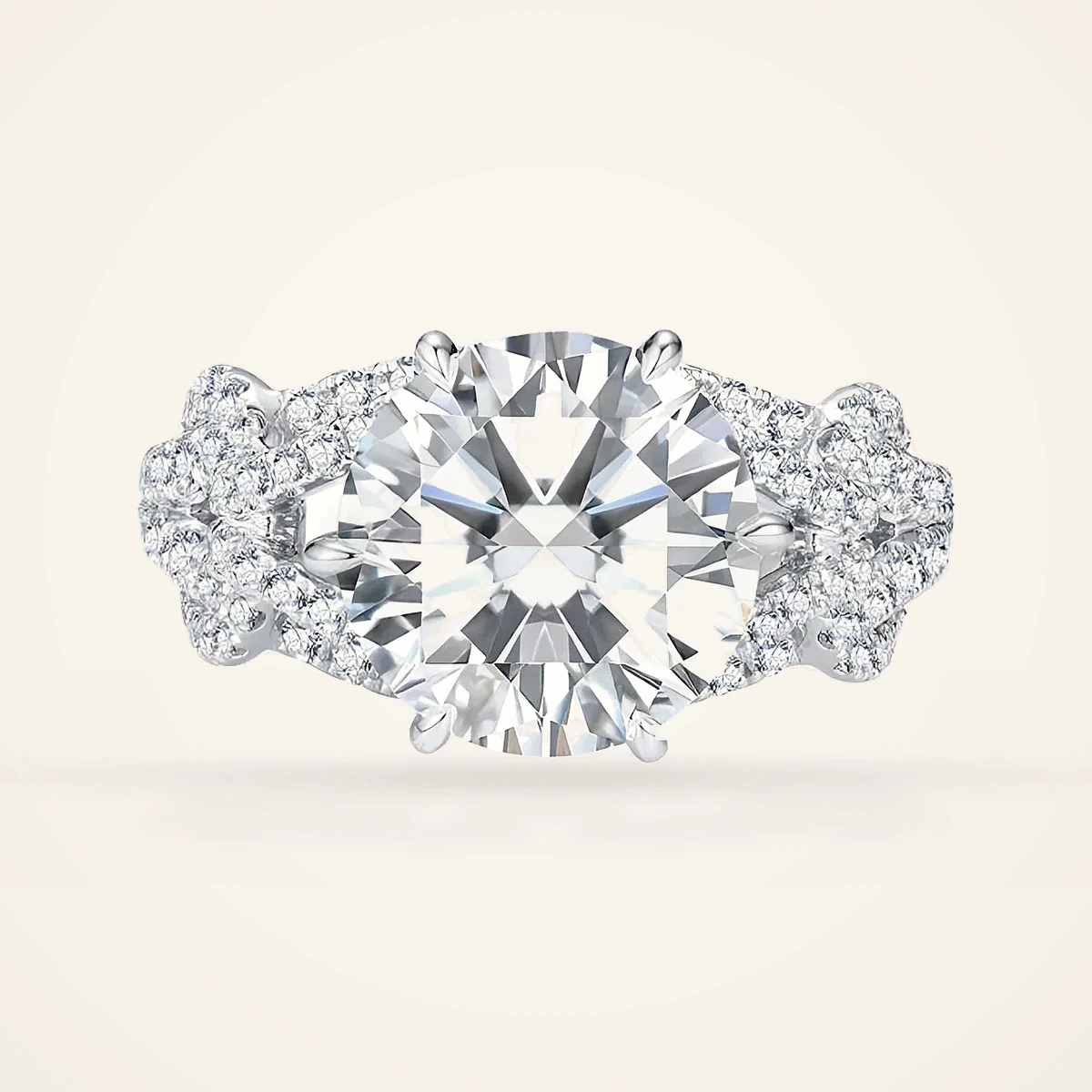 Round Ring with Pavé Petal Shoulders in 14k White Gold