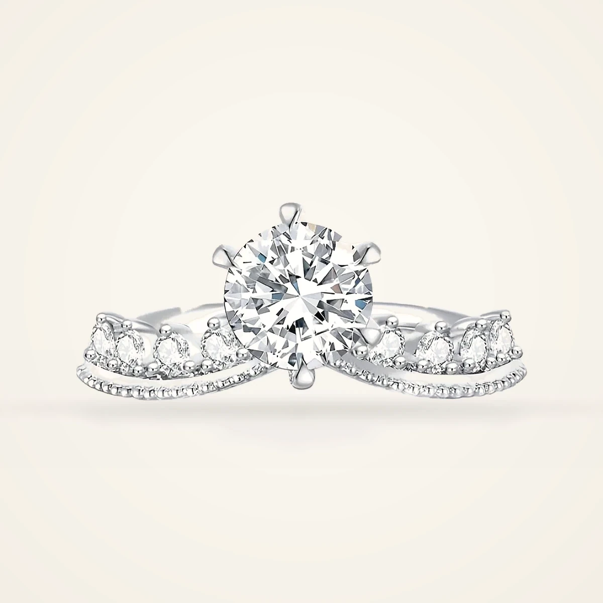 Round Solitaire on Crown Pavé Band in 14k White Gold